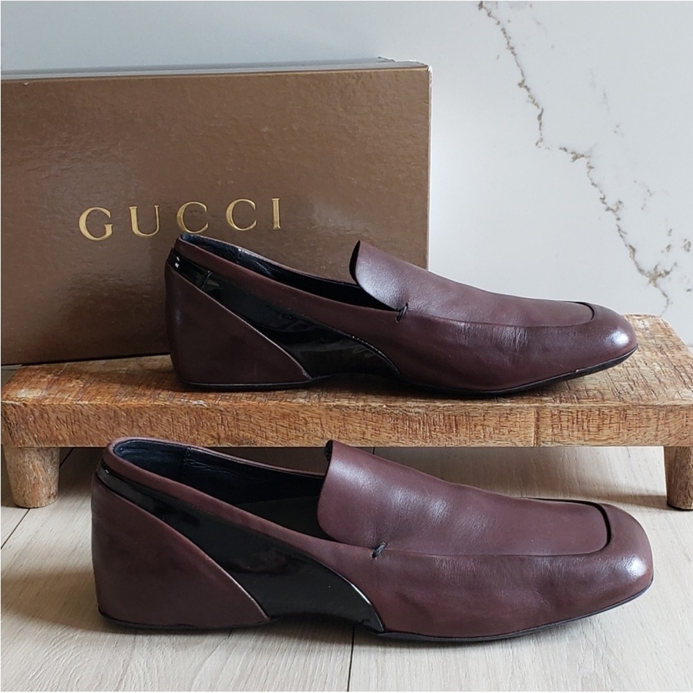 EUC Gucci Leather Wedge Loafers Womens 39.5 Brown Made in Italy Vintage